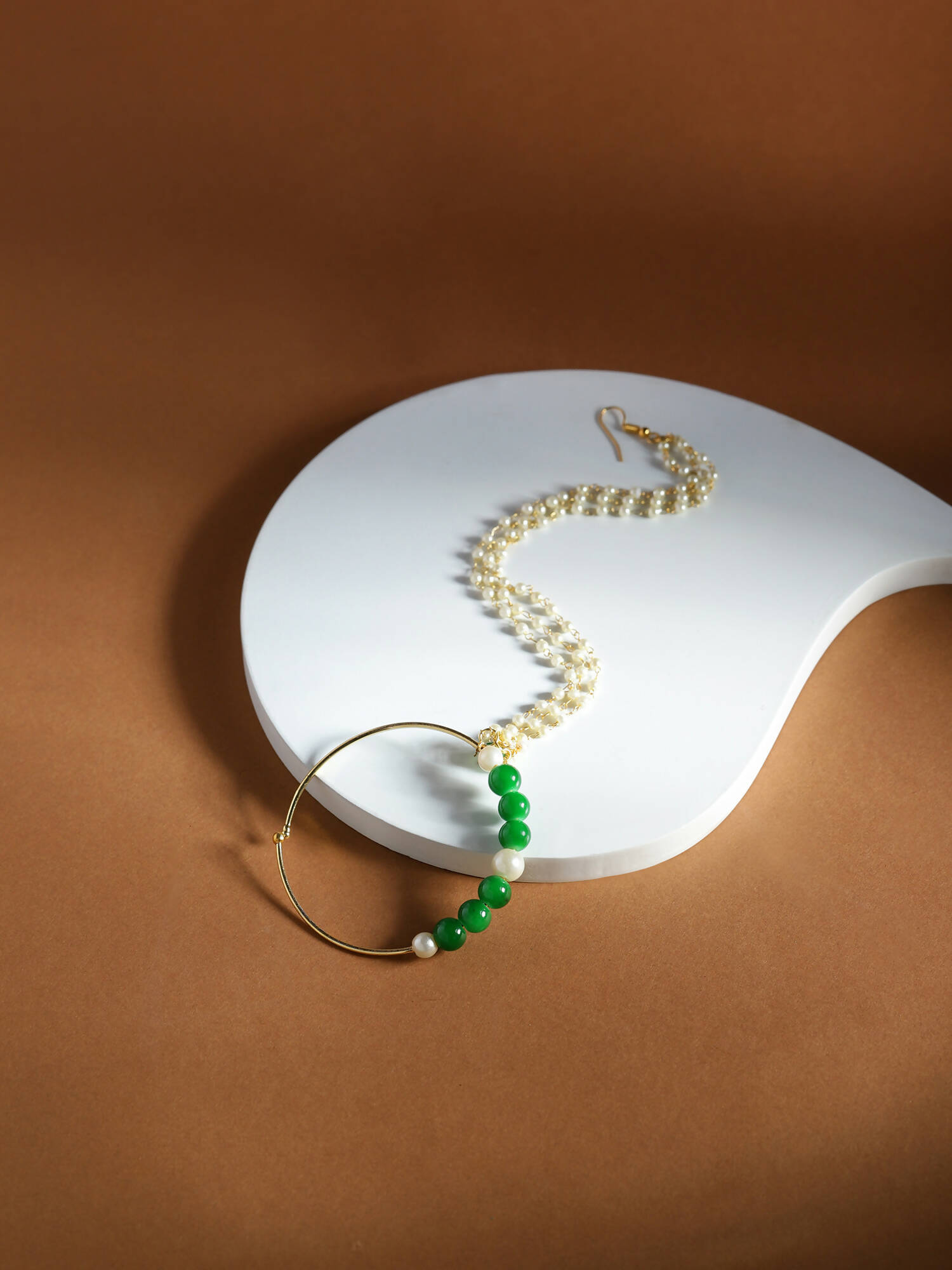 Gold-Polished White Green Stone-Studded Pearl Beaded Nosepin - Ruby Raang | Swadesiicart