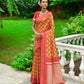 Vishnu Weaves Women's Orange Handloom Raw Silk Zari Woven Saree with Blouse - Swadesiicart