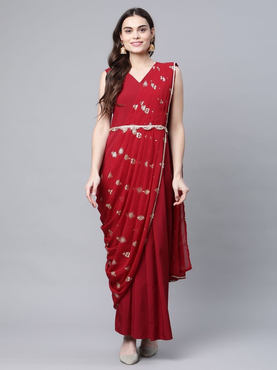 Ahalyaa Women Maroon Crepe Georgette Printed Saree Dress With Printed Pallu | Swadesiicart