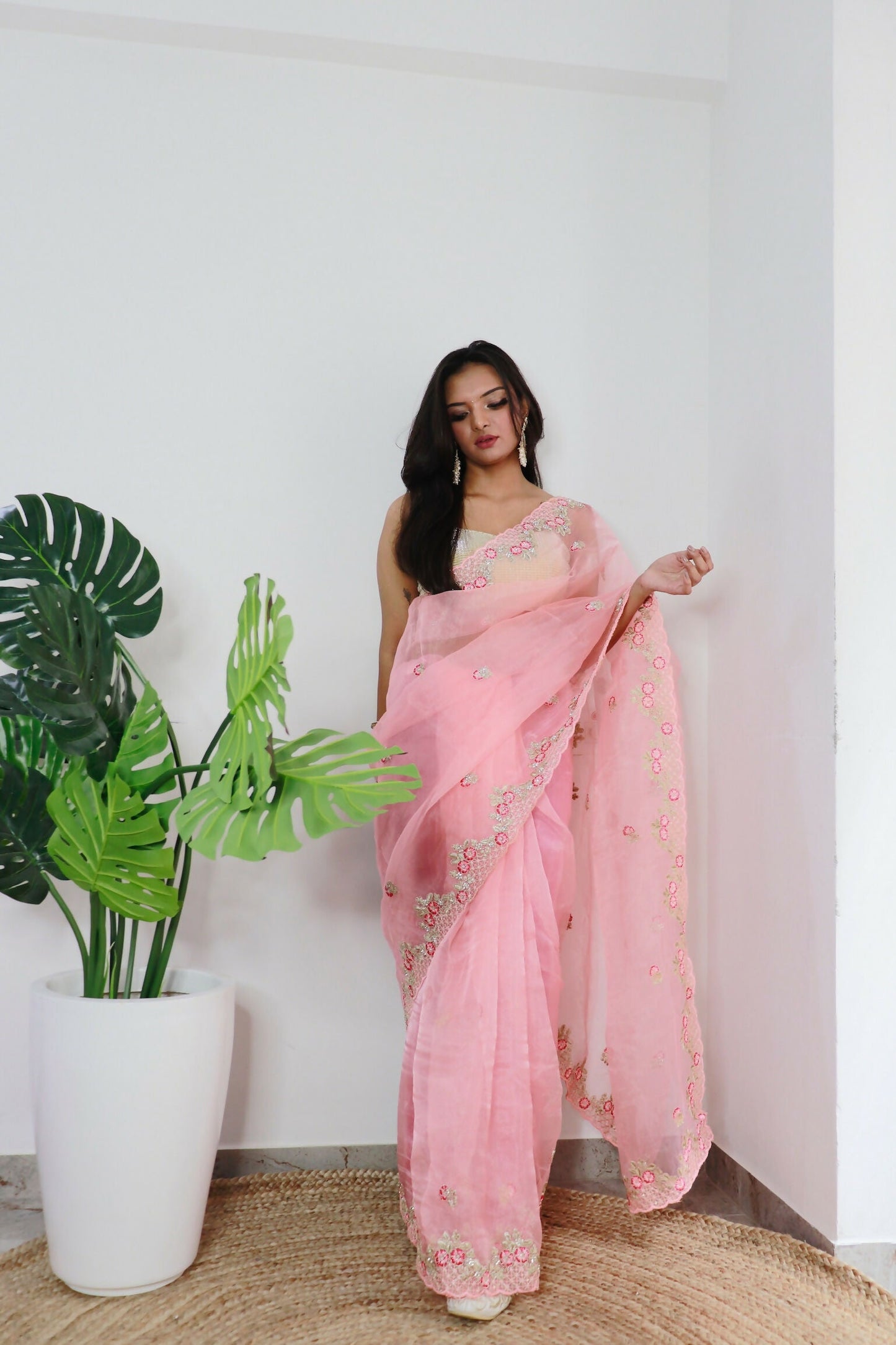 Vamsee Meera Peach Organza Saree - Swadesiicart
