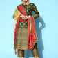 Ahalyaa Women's Olive Colour Poly Silk Gold Printed Kurta Pant Set With Dupatta | Swadesiicart