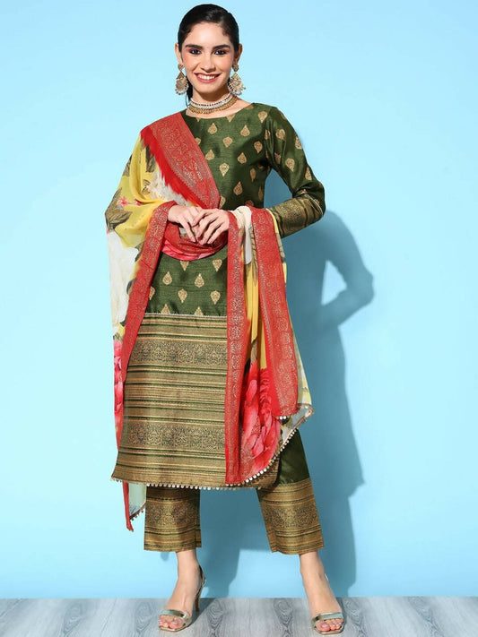 Ahalyaa Women's Olive Colour Poly Silk Gold Printed Kurta Pant Set With Dupatta | Swadesiicart