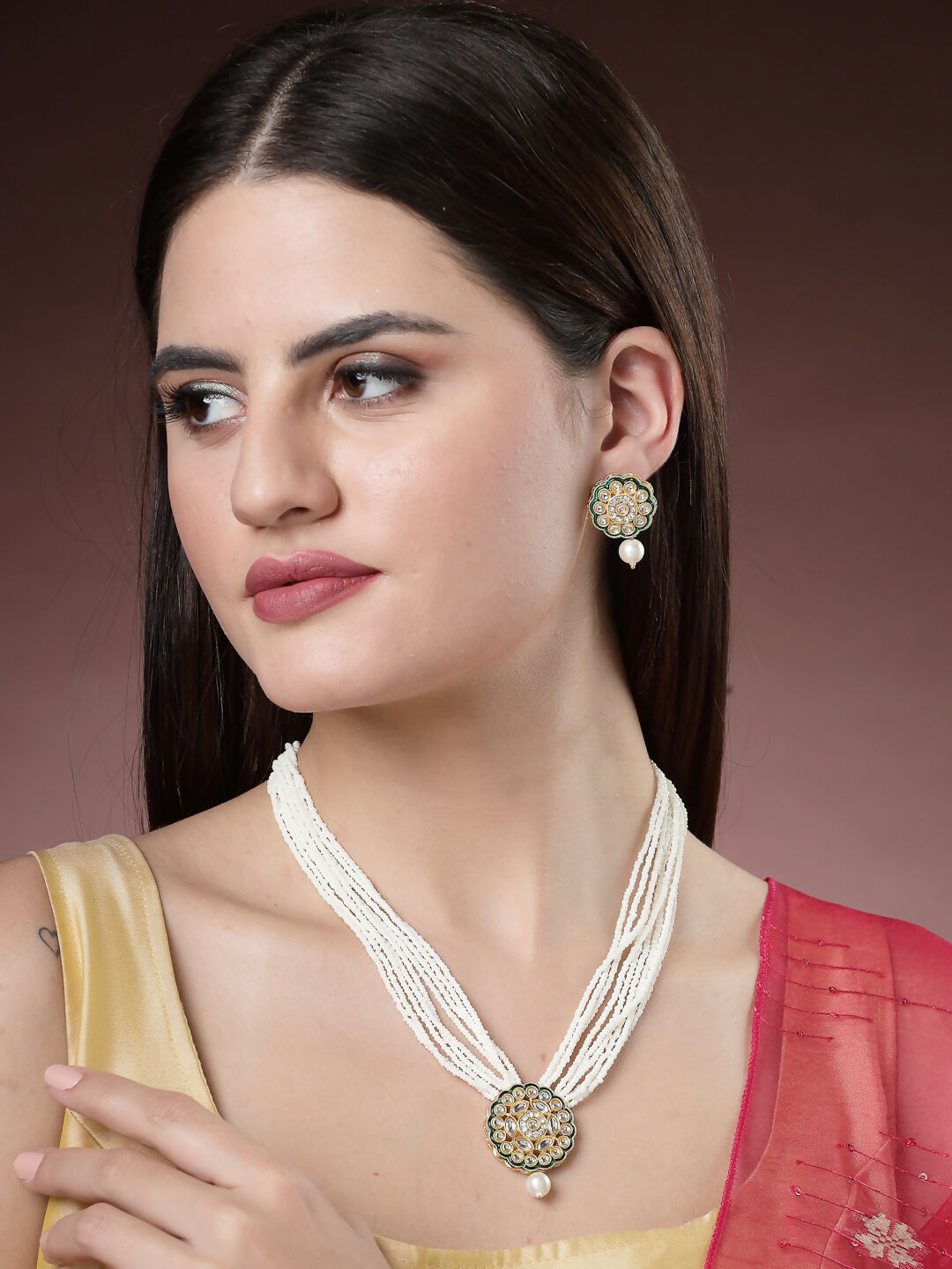 NVR Women's White & Gold-Polished Kundan & Pearl Jewellery Set - Swadesiicart