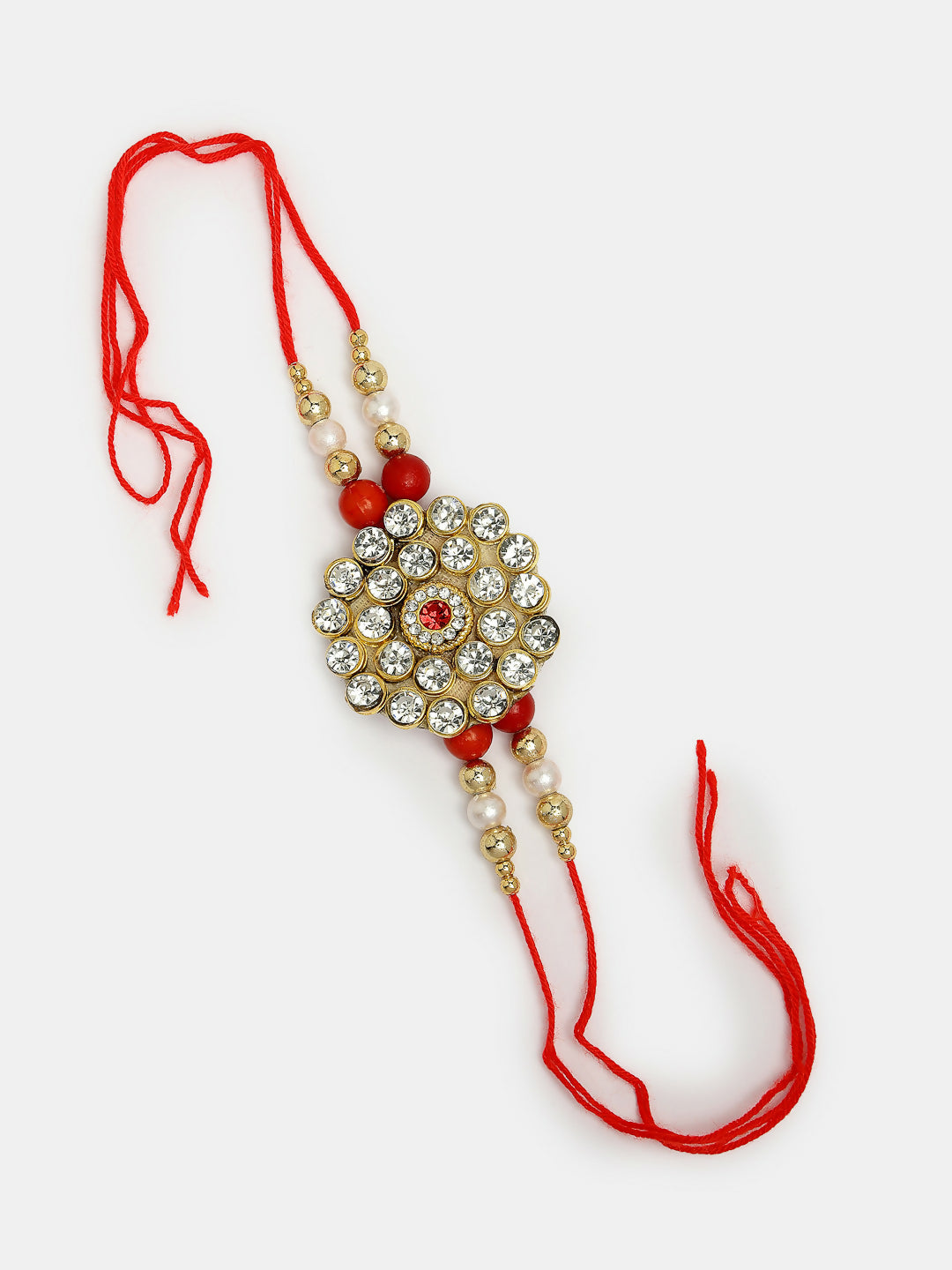 NVR Women & Men Set of 2 Red & Gold-Toned Stone-Studded & Beaded Bhaiya Bhabhi Rakhi With Roli Chawal | Swadesiicart