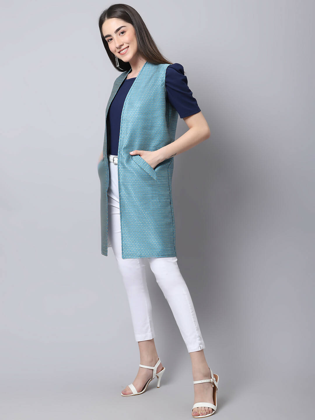 Even Apparels Blue Bansari Silk Open Front Women's Long Coat | Swadesiicart