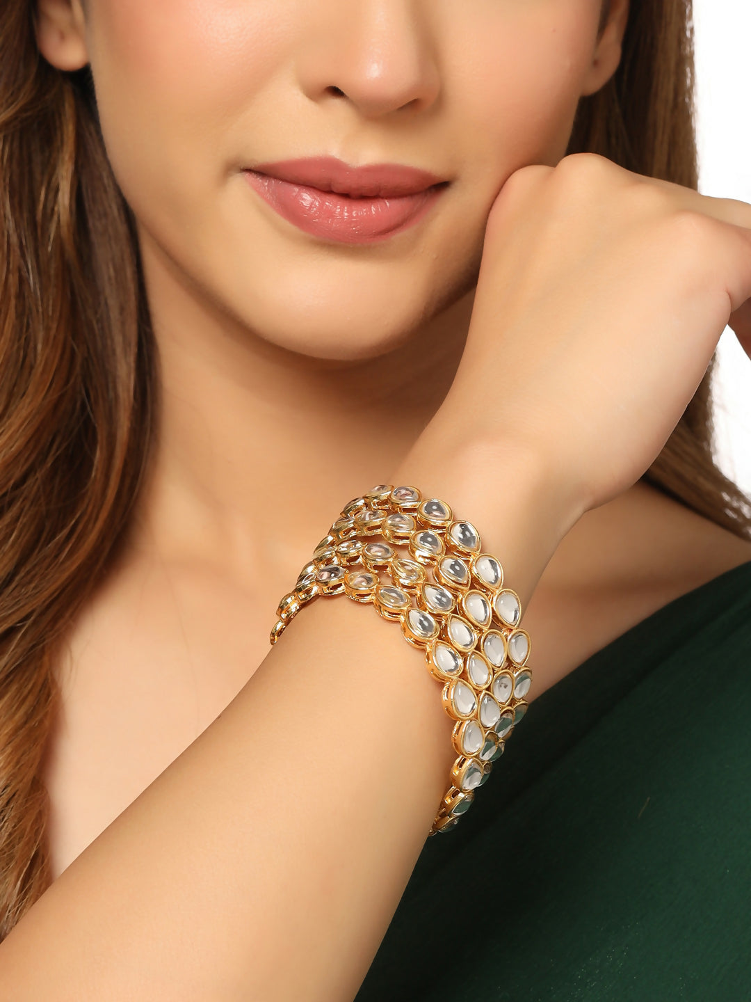 NVR Women's Set of 2 Gold-Polished Kundan Studded Traditional Bangles - NR Retail-NVR