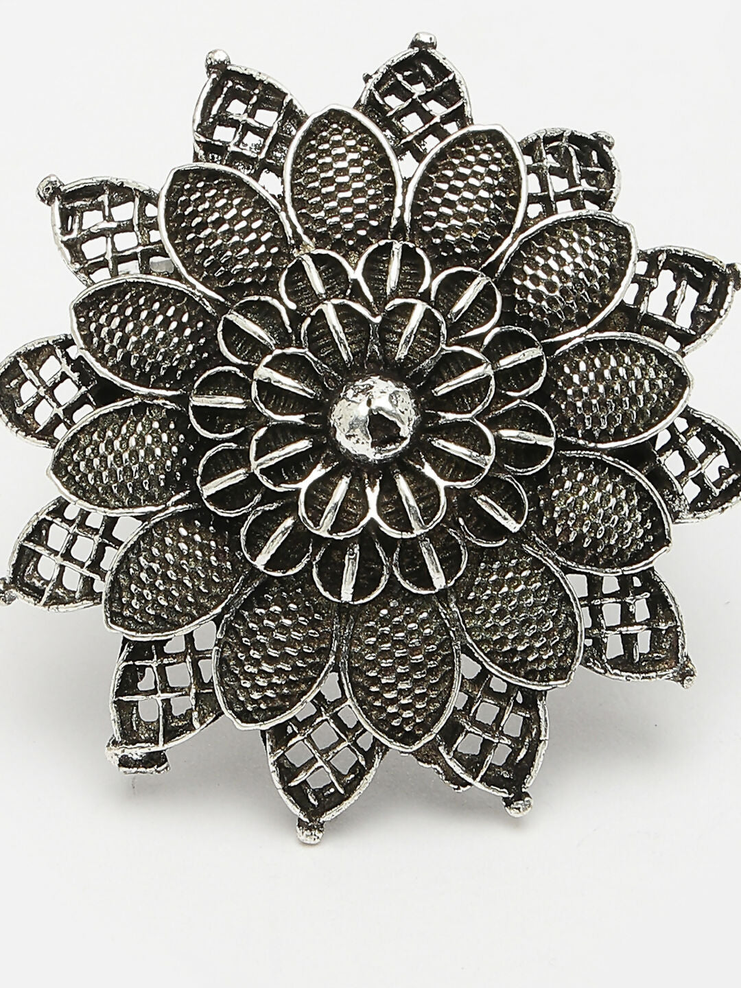 NVR Women's Silver-Toned Floral Shape Adjustable Finger Ring | Swadesiicart