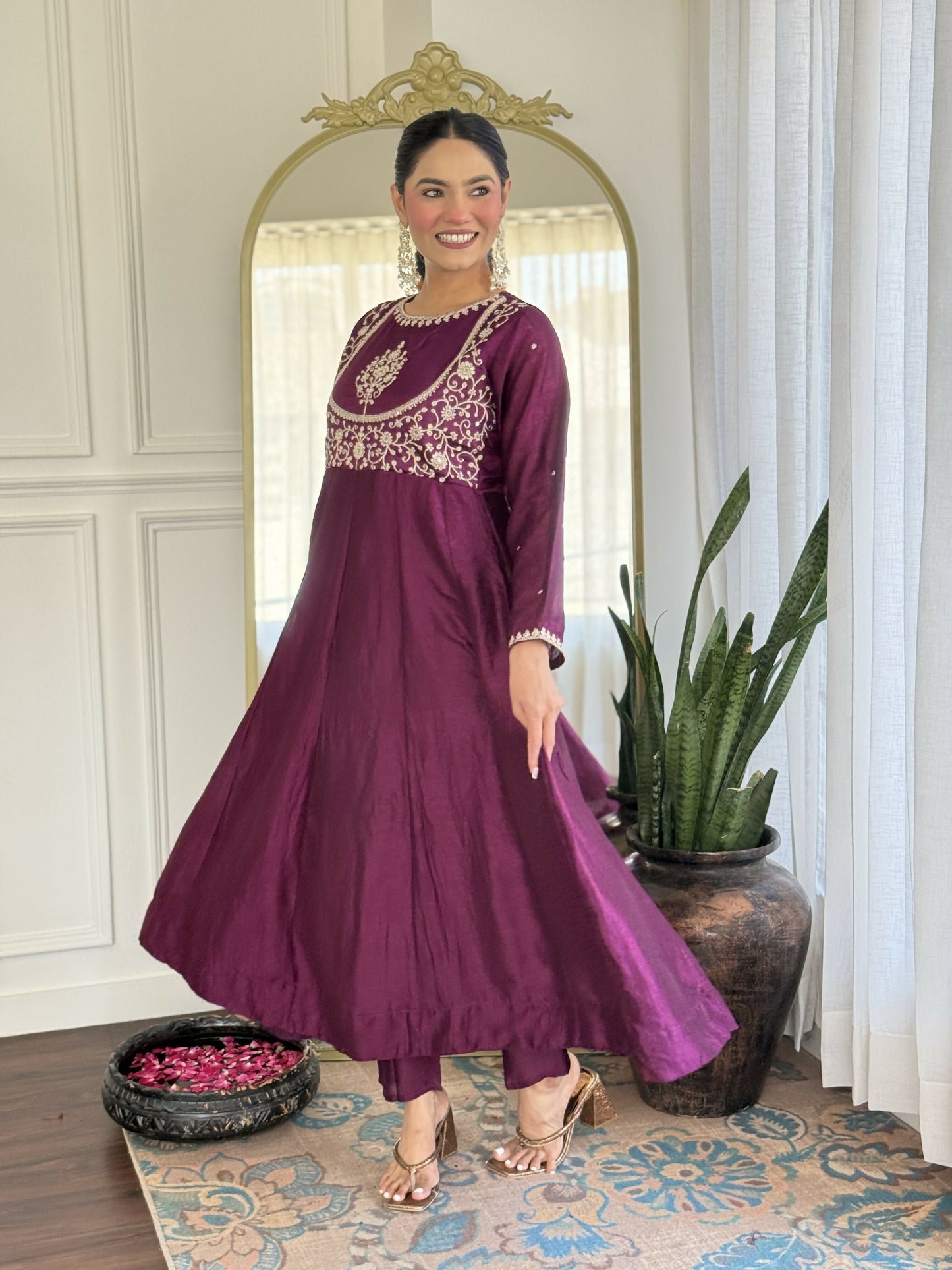 The52 Purple Women's Gorgeous Embroidered Vichitra Silk Fabric Flared Kurta Pant with Dupatta Set - Swadesiicart
