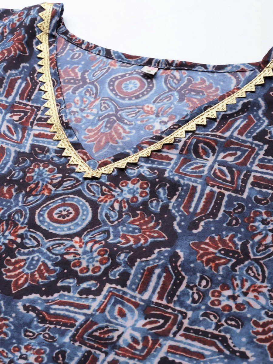 Ahalyaa Navy Blue & Maroon Floral Print Kaftan Kurta | Swadesiicart