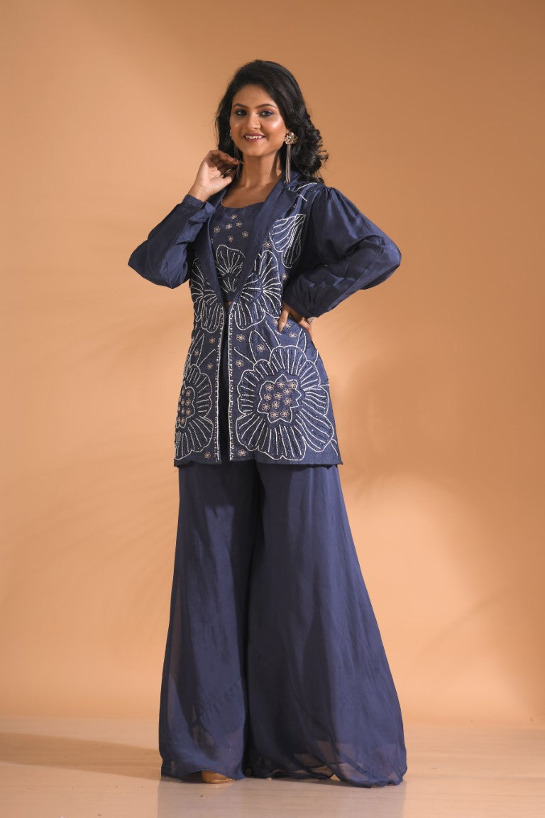 Morchari 3Pc Palazzo Set With Hand Embroidery - Blue - Swadesiicart