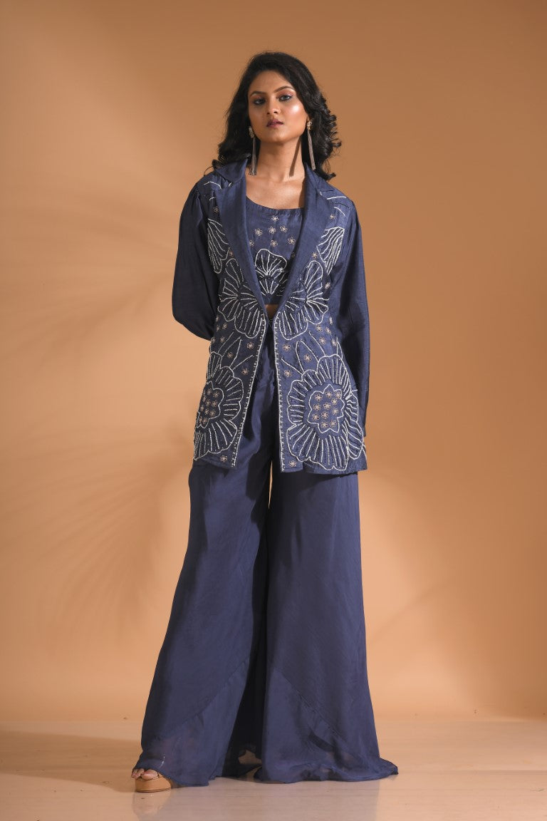 Morchari 3Pc Palazzo Set With Hand Embroidery - Blue - Swadesiicart