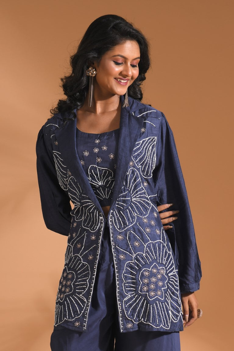 Morchari 3Pc Palazzo Set With Hand Embroidery - Blue - Swadesiicart
