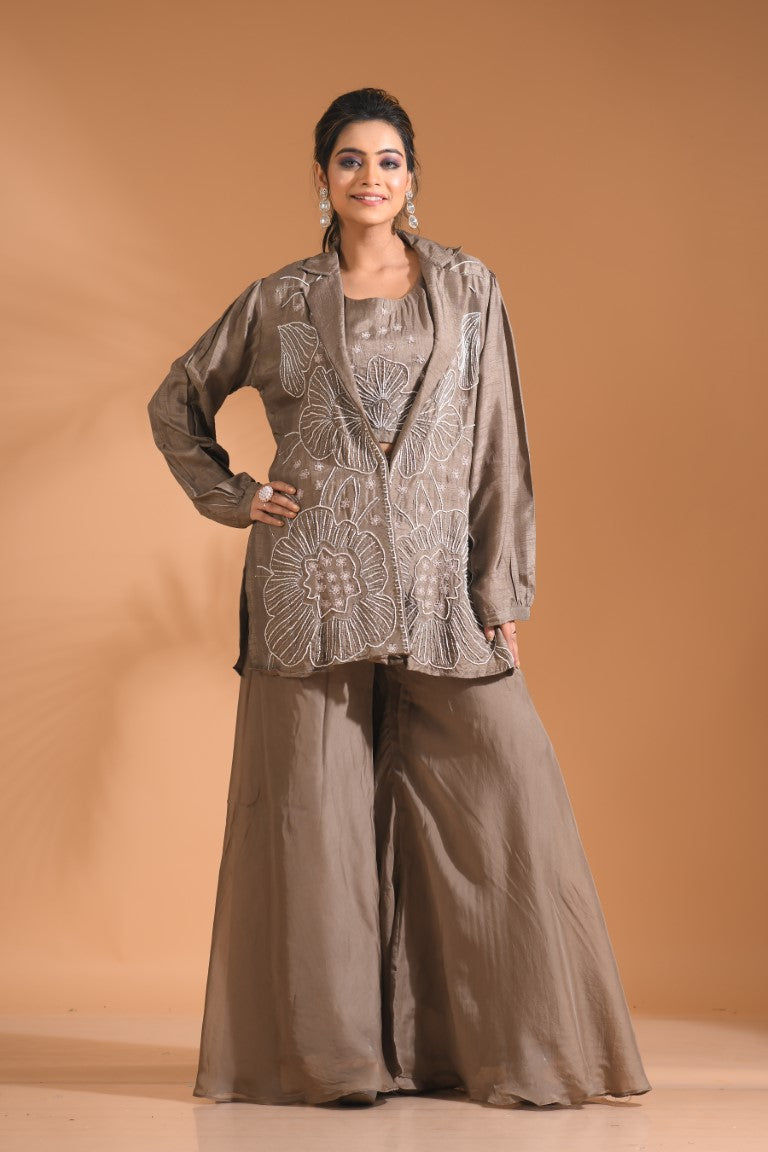 Morchari 3Pc Palazzo Set With Hand Embroidery - Blue - Swadesiicart