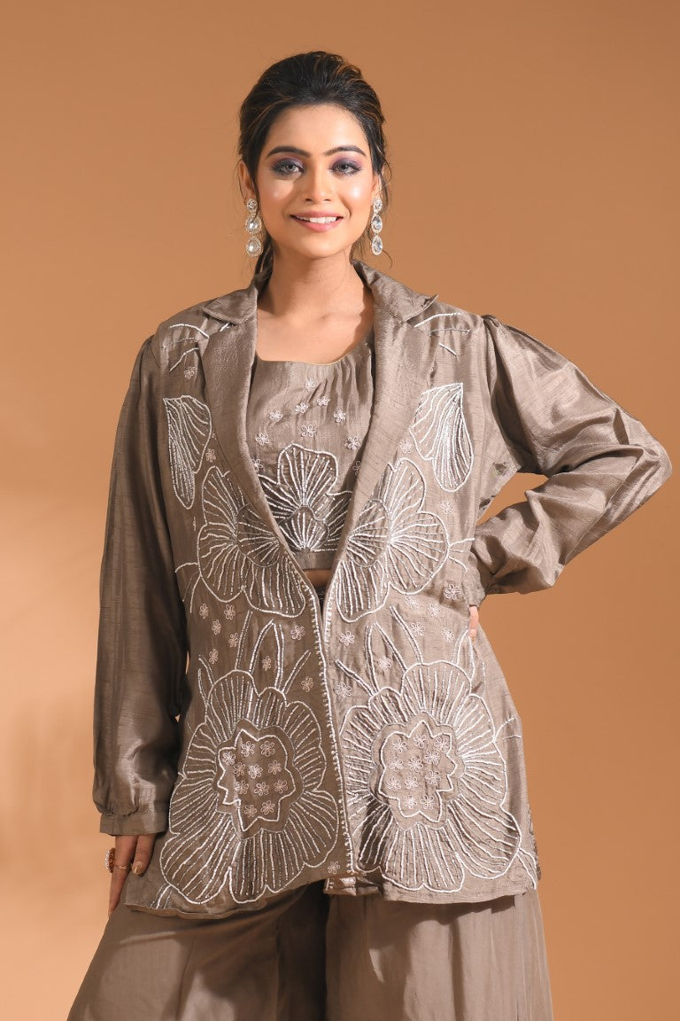 Morchari 3Pc Palazzo Set With Hand Embroidery - Blue - Swadesiicart