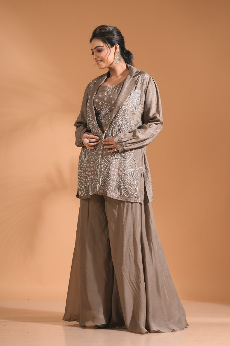 Morchari 3Pc Palazzo Set With Hand Embroidery - Blue - Swadesiicart