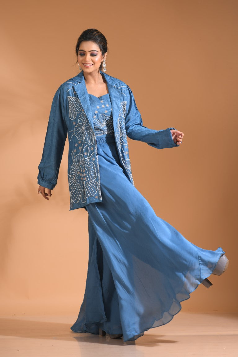 Morchari 3Pc Palazzo Set With Hand Embroidery - Beige - Swadesiicart