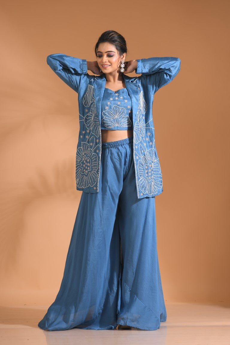 Morchari 3Pc Palazzo Set With Hand Embroidery - Beige - Swadesiicart