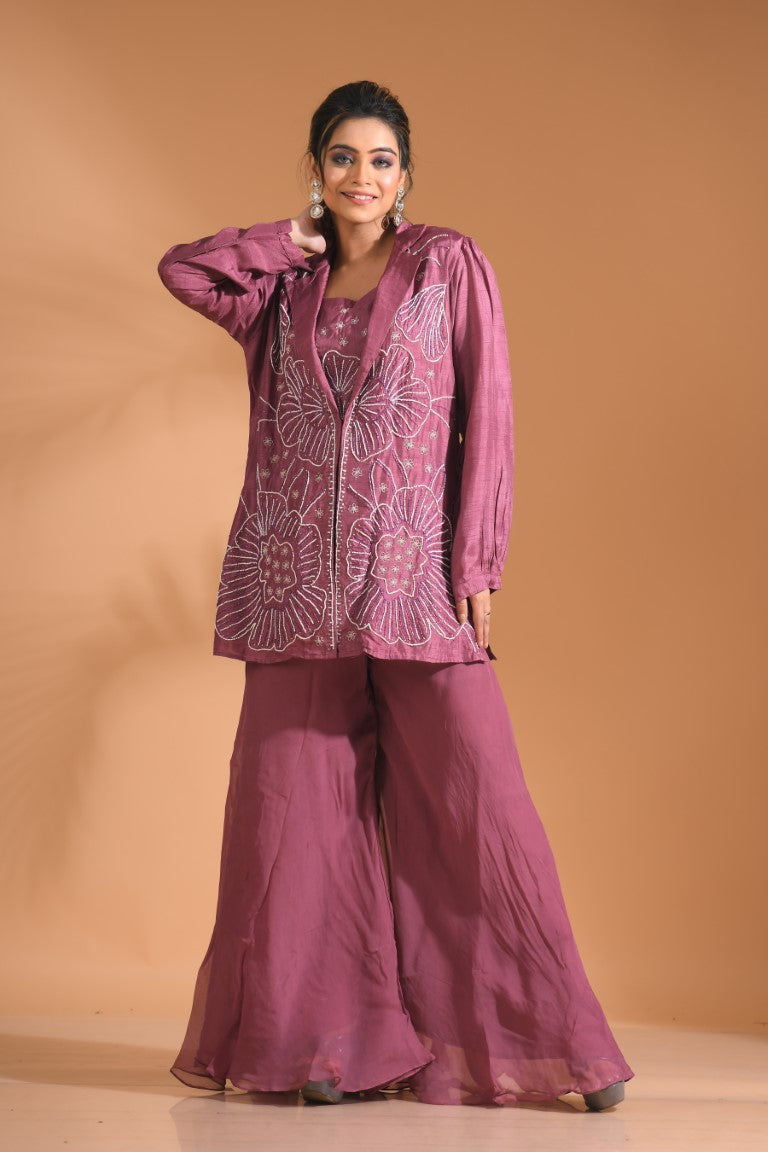 Morchari 3Pc Palazzo Set With Hand Embroidery - Purple - Swadesiicart