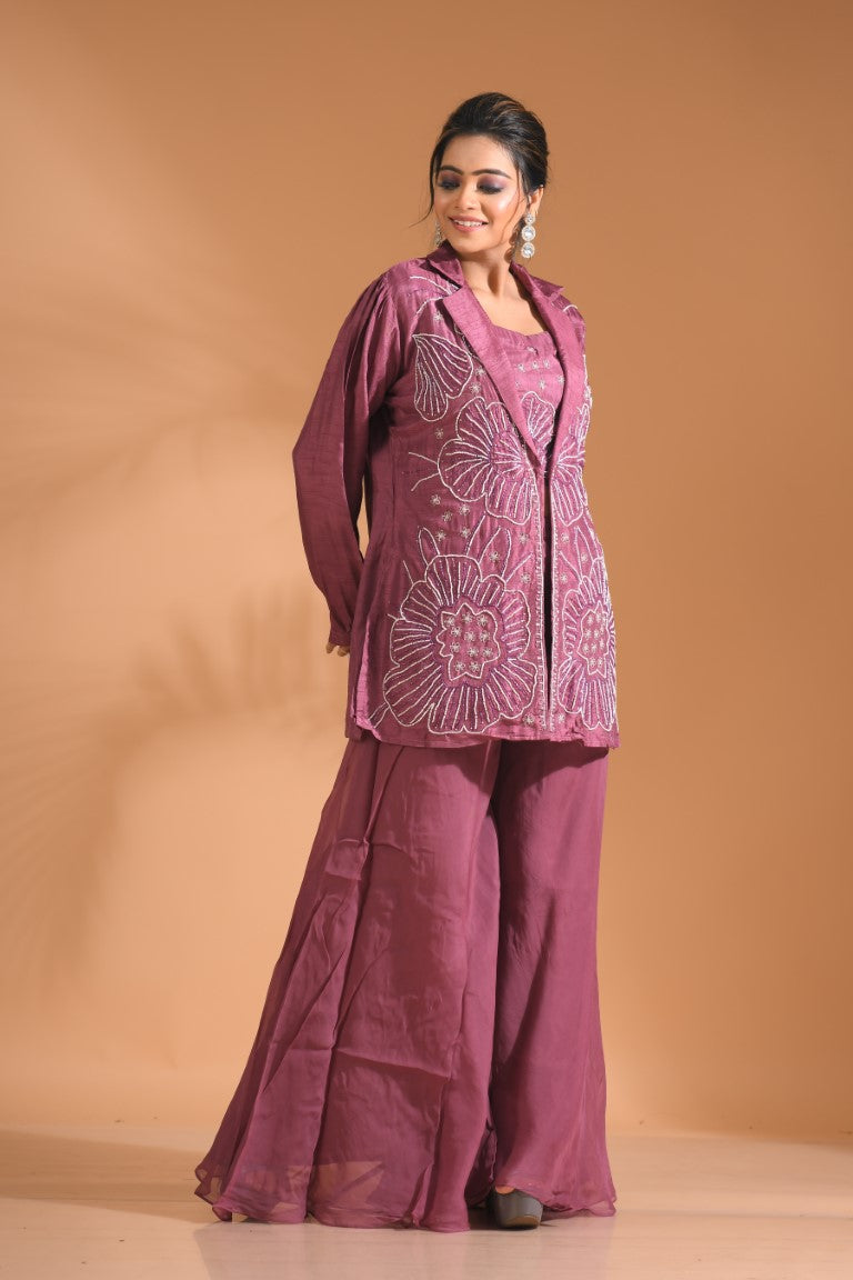 Morchari 3Pc Palazzo Set With Hand Embroidery - Purple - Swadesiicart