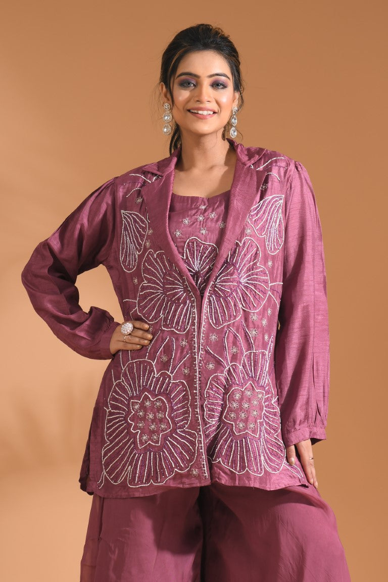 Morchari 3Pc Palazzo Set With Hand Embroidery - Purple - Swadesiicart