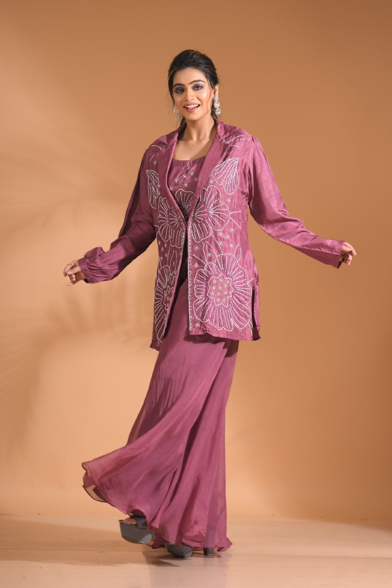 Morchari 3Pc Palazzo Set With Hand Embroidery - Purple - Swadesiicart