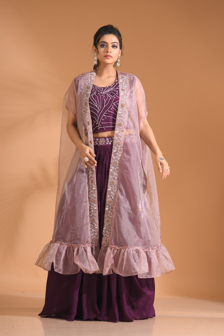Morchari Co Ord Set With Long Jacket Hand Embroidery - Blue - Swadesiicart