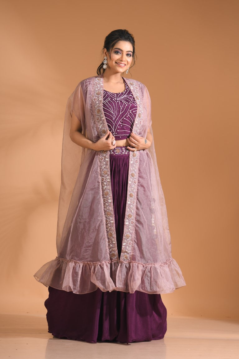 Morchari Co Ord Set With Long Jacket Hand Embroidery - Blue - Swadesiicart
