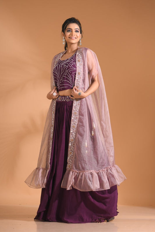 Morchari Co Ord Set With Long Jacket Hand Embroidery - Blue - Swadesiicart