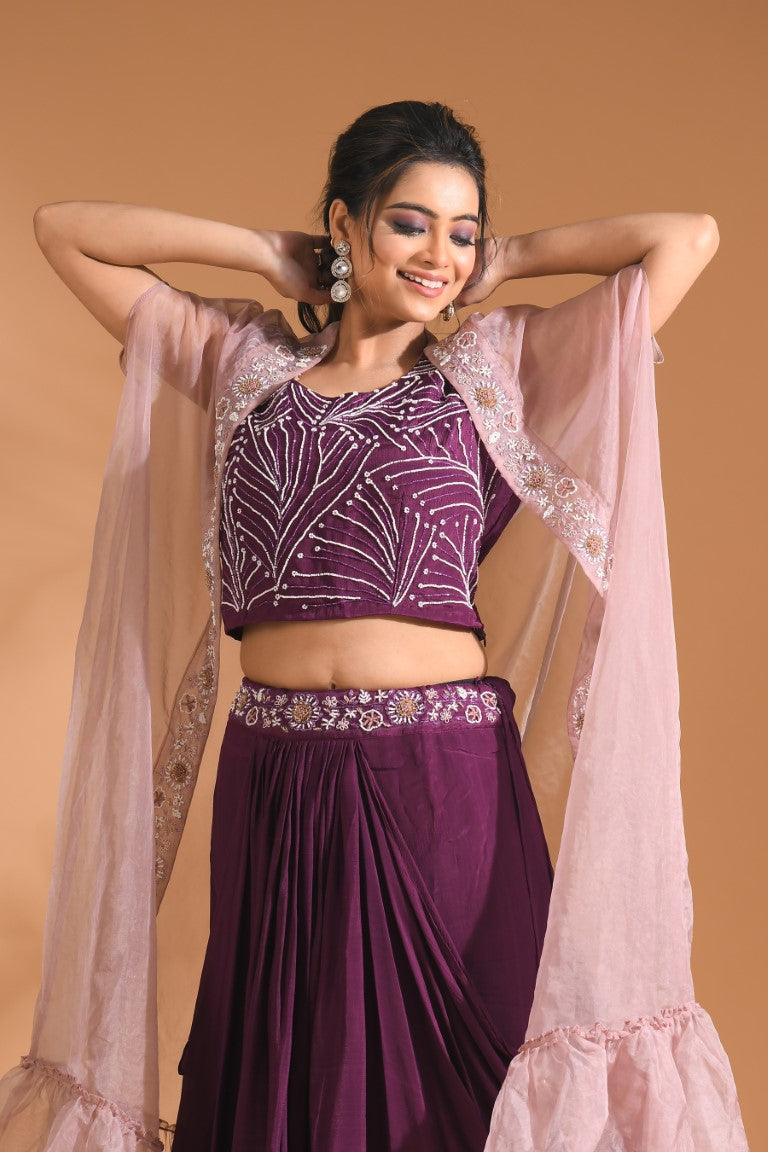 Morchari Co Ord Set With Long Jacket Hand Embroidery - Blue - Swadesiicart