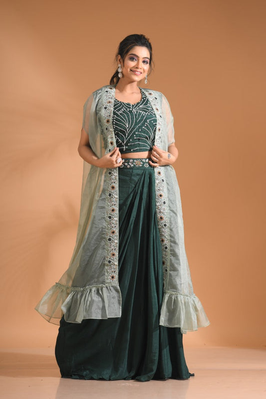 Morchari Co Ord Set With Long Jacket Hand Embroidery - Green - Swadesiicart