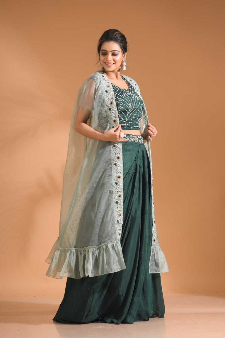 Morchari Co Ord Set With Long Jacket Hand Embroidery - Green - Swadesiicart