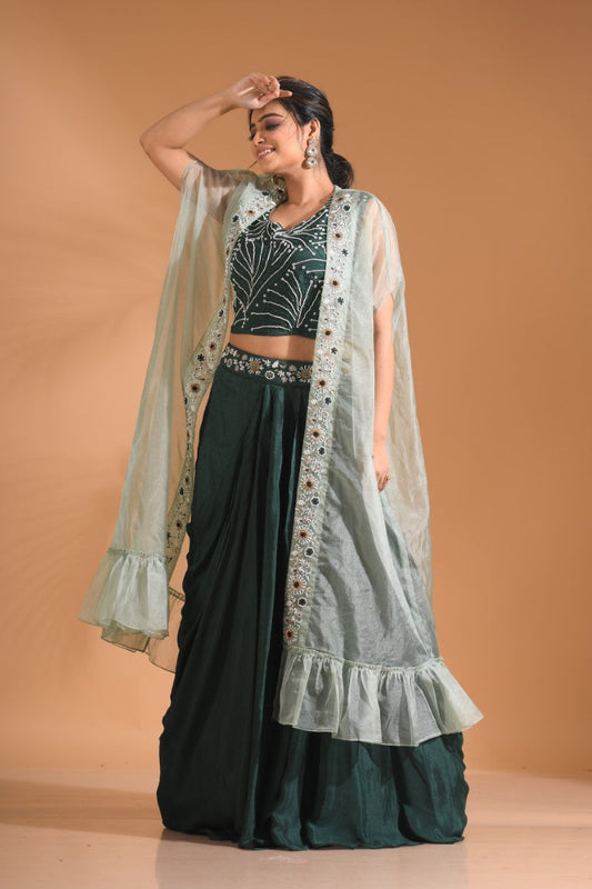 Morchari Co Ord Set With Long Jacket Hand Embroidery - Green - Swadesiicart