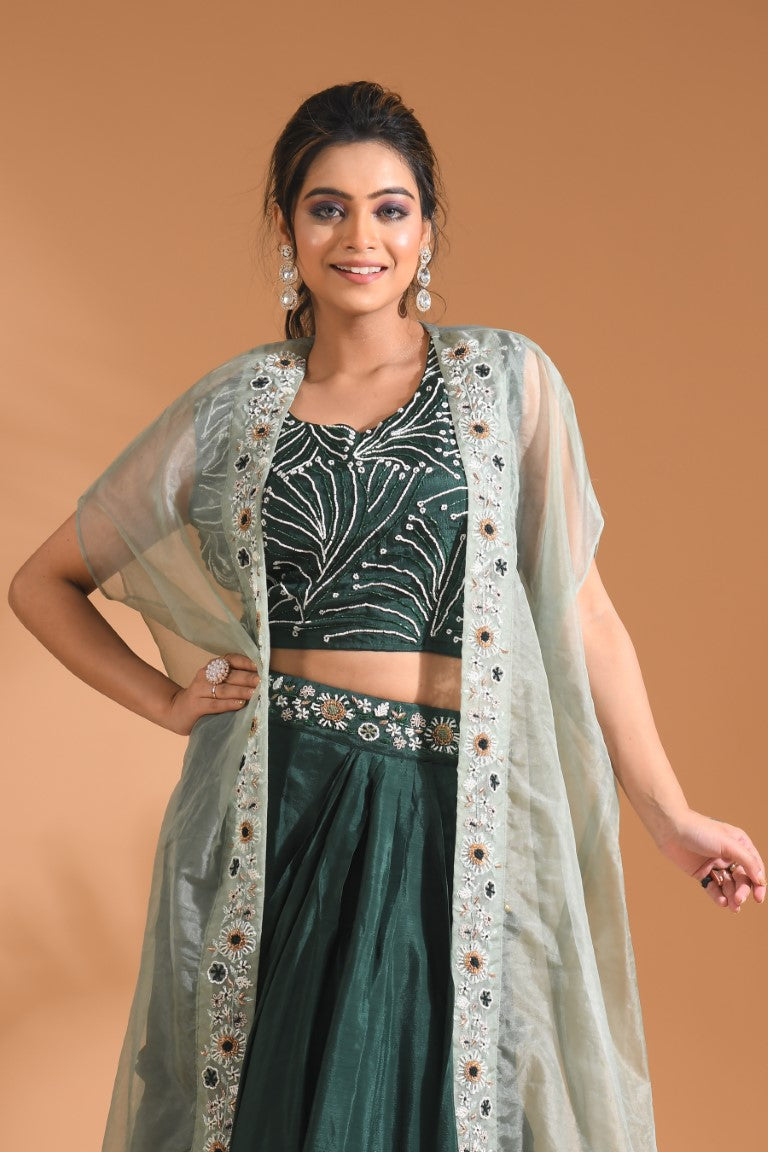 Morchari Co Ord Set With Long Jacket Hand Embroidery - Green - Swadesiicart
