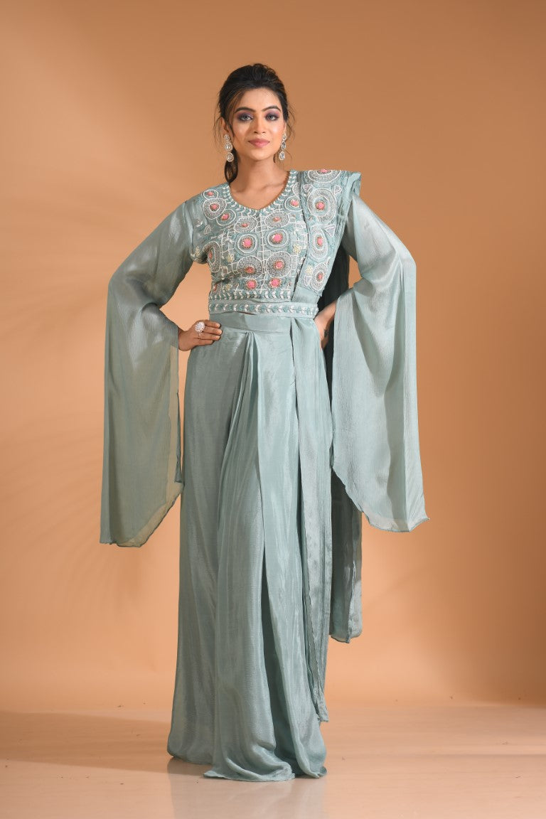 Morchari Co Ord Set With Dupatta Hand Embroidery - Blue - Swadesiicart