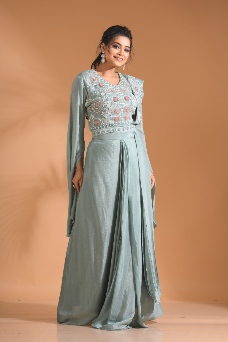 Morchari Co Ord Set With Dupatta Hand Embroidery - Blue - Swadesiicart