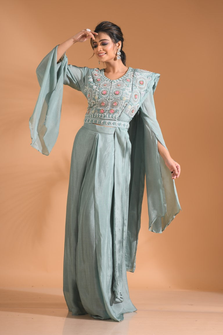 Morchari Co Ord Set With Dupatta Hand Embroidery - Blue - Swadesiicart