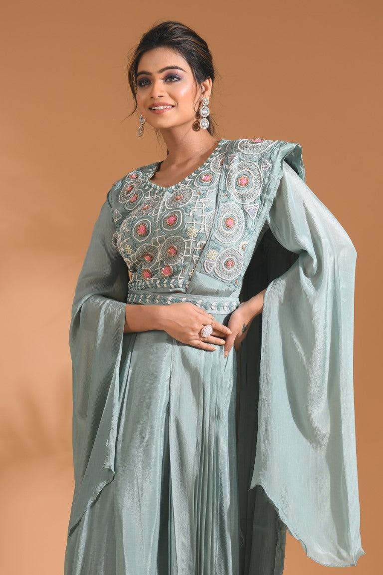 Morchari Co Ord Set With Dupatta Hand Embroidery - Blue - Swadesiicart
