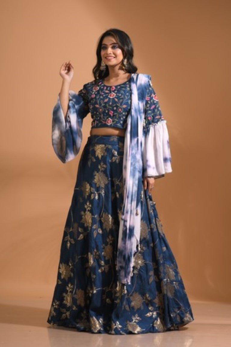 Morchari Crop Top With Tie & Dye Dupatta Hand Embroidery - Blue - Swadesiicart