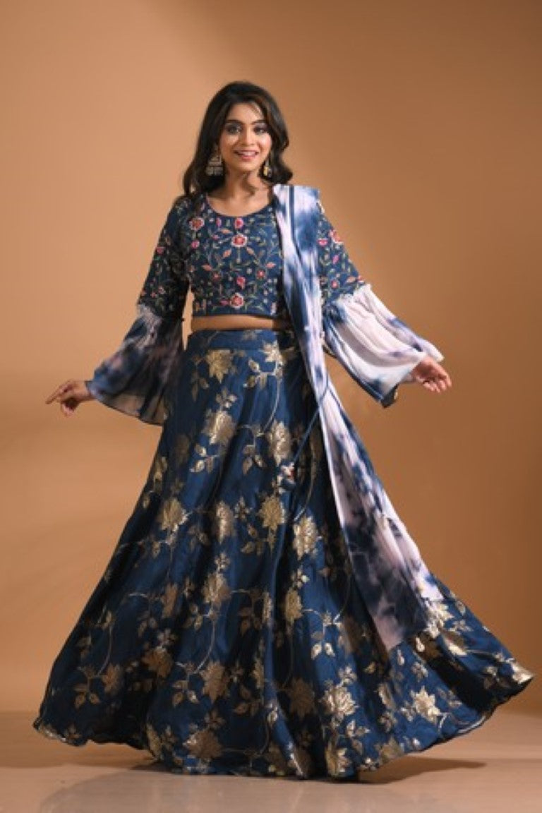 Morchari Crop Top With Tie & Dye Dupatta Hand Embroidery - Blue - Swadesiicart