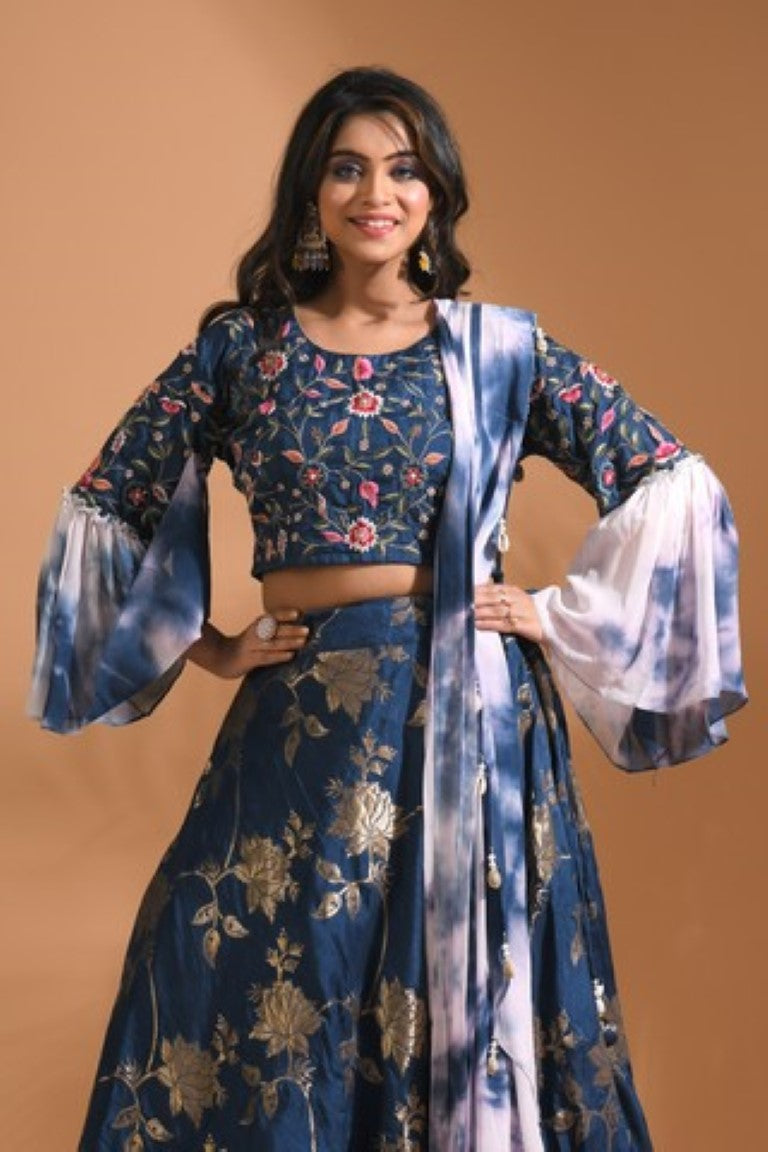 Morchari Crop Top With Tie & Dye Dupatta Hand Embroidery - Blue - Swadesiicart