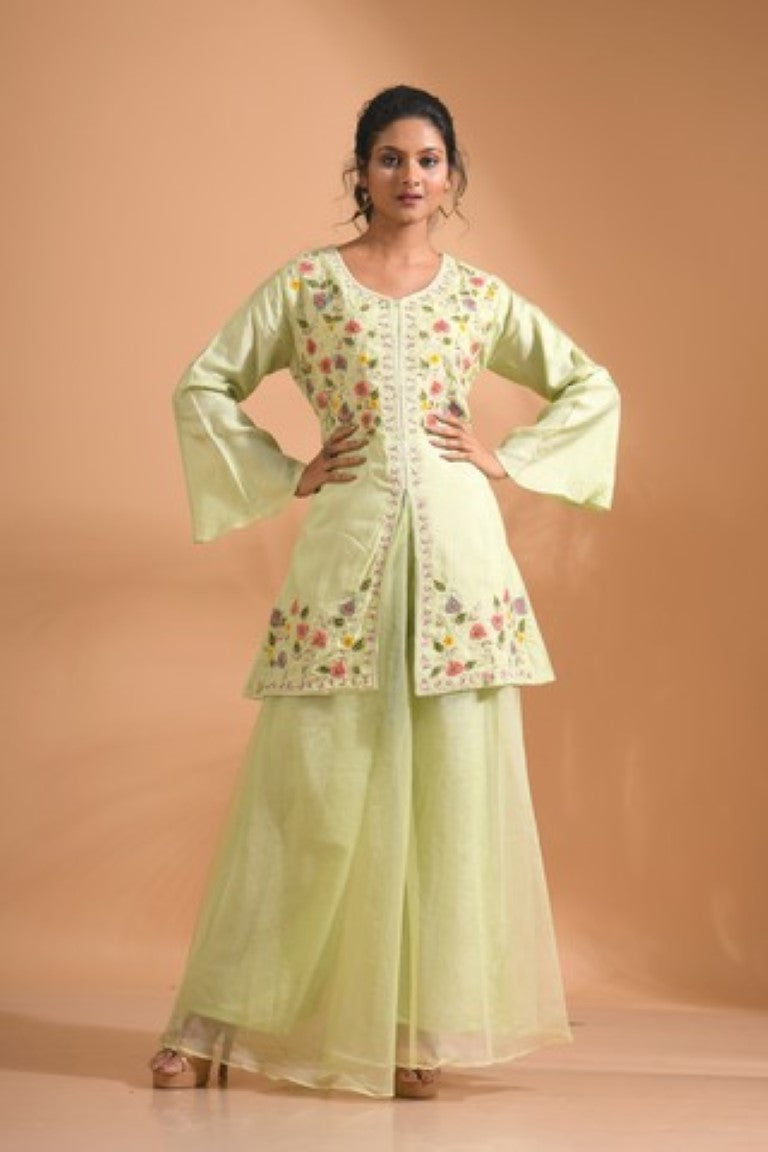 Morchari Co Ord Set With Hand Embroidery - Green - Swadesiicart