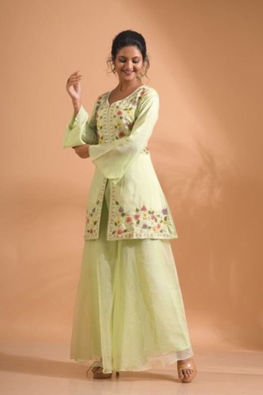 Morchari Co Ord Set With Hand Embroidery - Green - Swadesiicart
