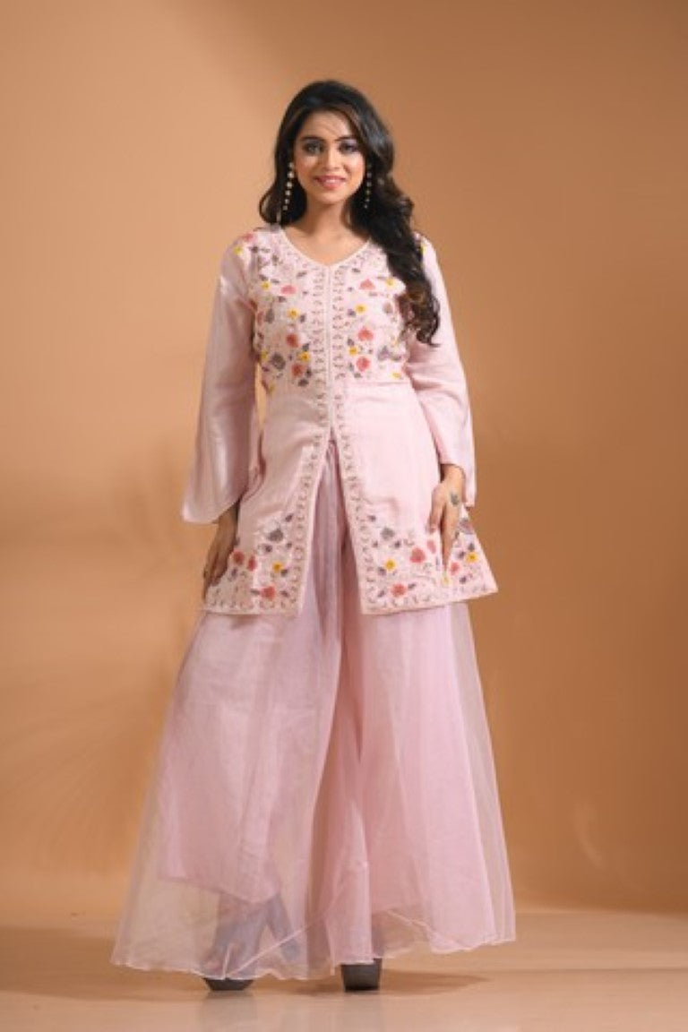 Morchari Co Ord Set With Hand Embroidery - Light Peach - Swadesiicart
