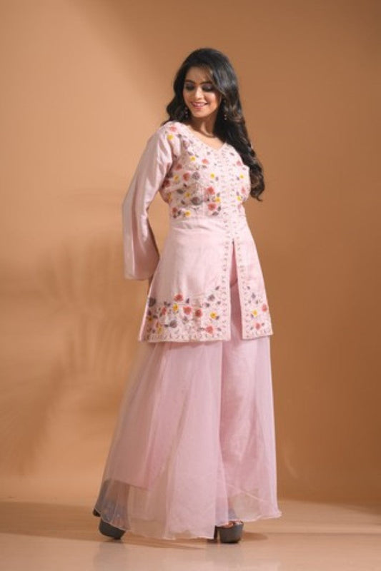 Morchari Co Ord Set With Hand Embroidery - Light Peach - Swadesiicart