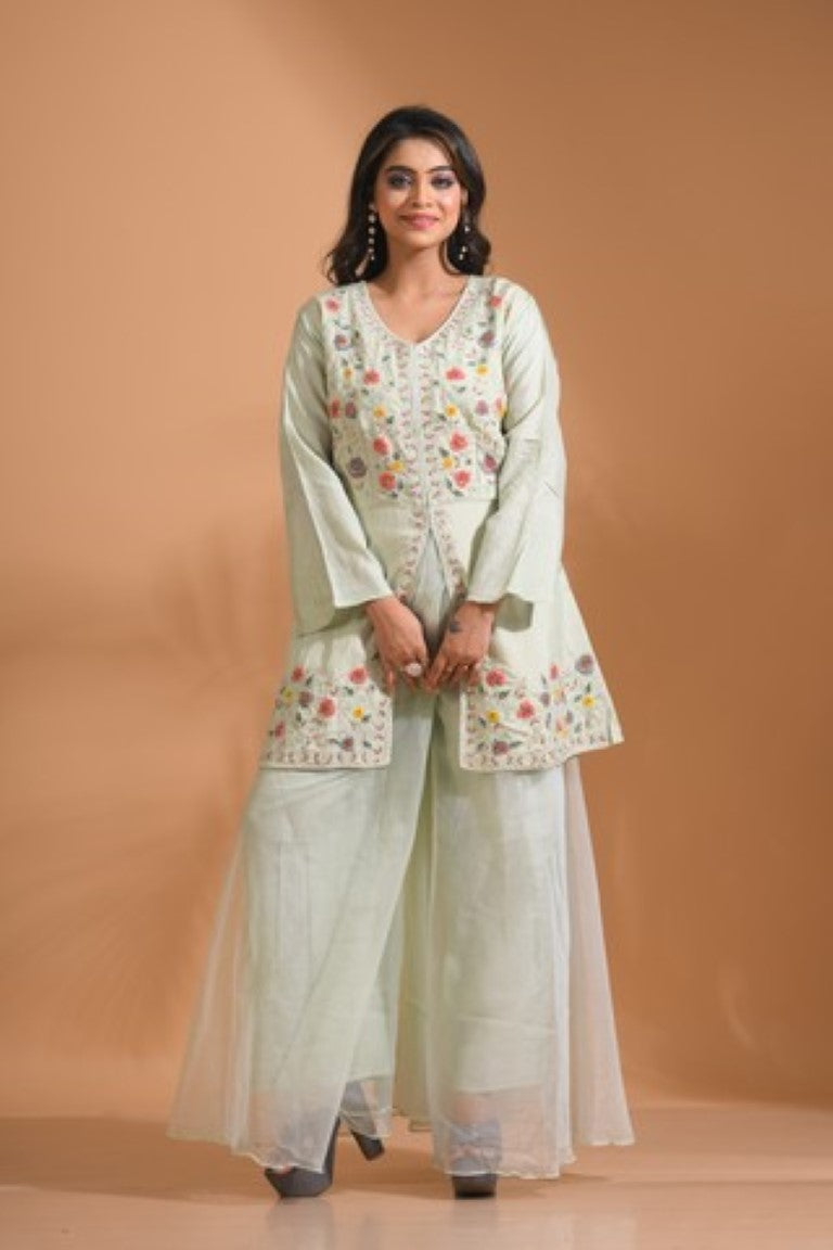 Morchari Co Ord Set With Hand Embroidery - Light Green - Swadesiicart