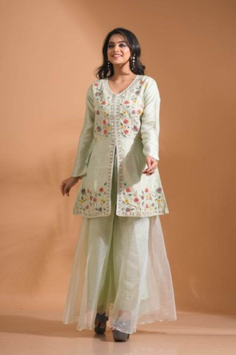 Morchari Co Ord Set With Hand Embroidery - Light Green - Swadesiicart