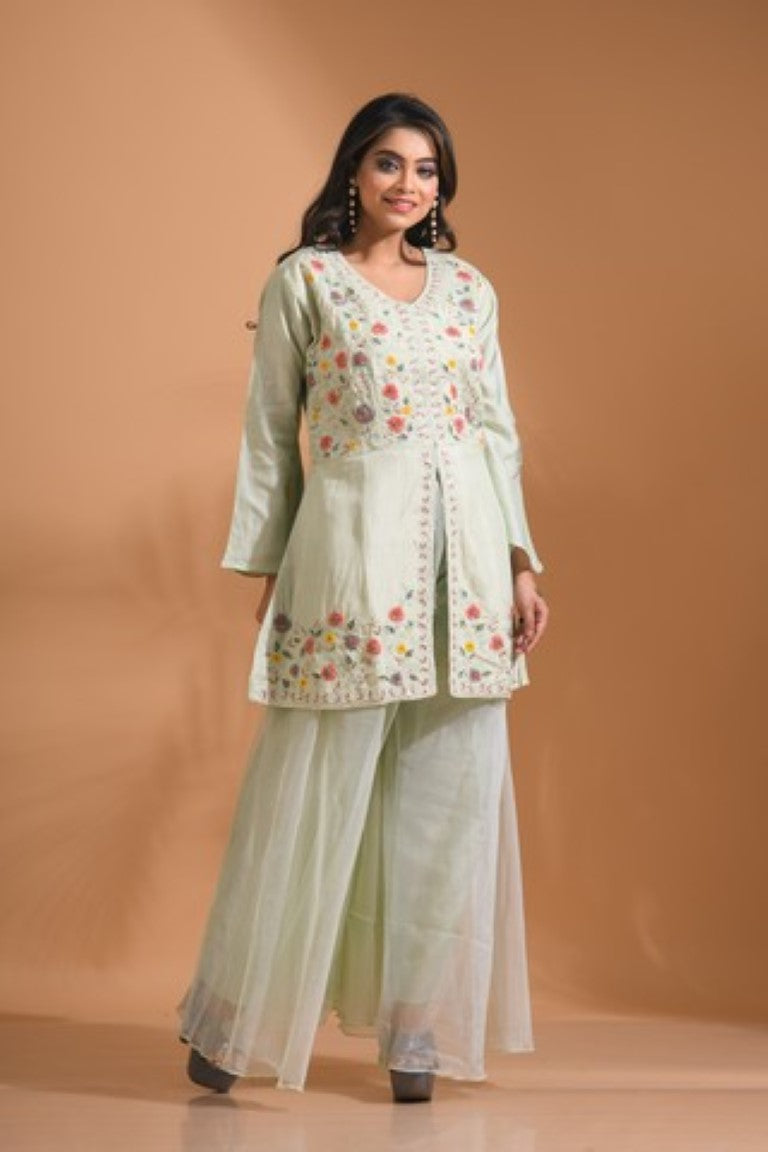 Morchari Co Ord Set With Hand Embroidery - Light Green - Swadesiicart