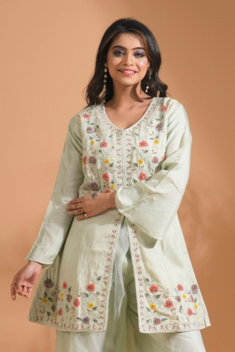 Morchari Co Ord Set With Hand Embroidery - Light Green - Swadesiicart