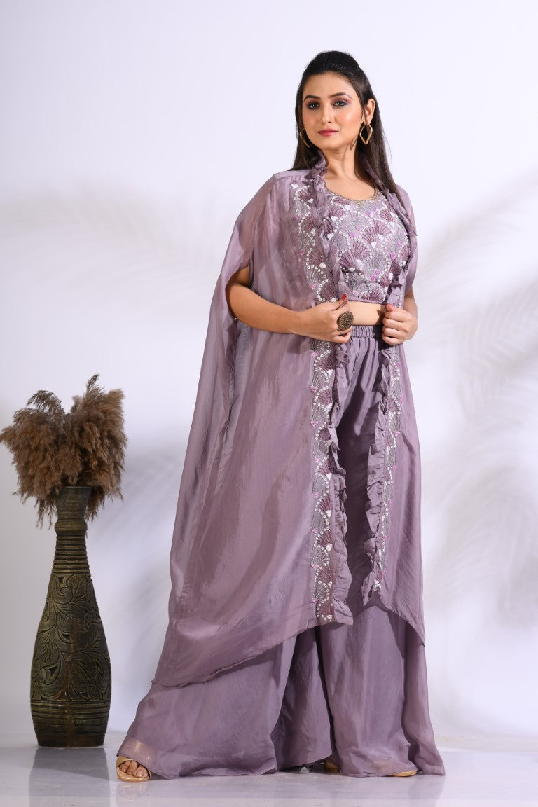 Morchari Top Palazzo With Jacket With Hand Embroidery - Purple - Swadesiicart
