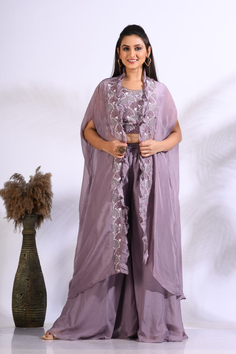 Morchari Top Palazzo With Jacket With Hand Embroidery - Purple - Swadesiicart